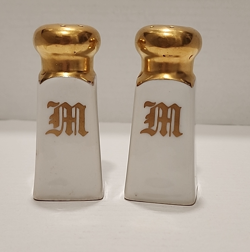 Vintage Stouffer Gold Over Ceramic Salt and Pepper Shakers Monogramed M